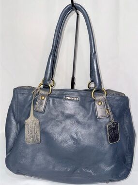 Prada Blue Grey Leather Tote Bag
